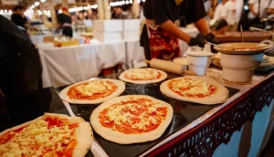 Pizza sendo preparada em forno a lenha no Festival das Lanternas.