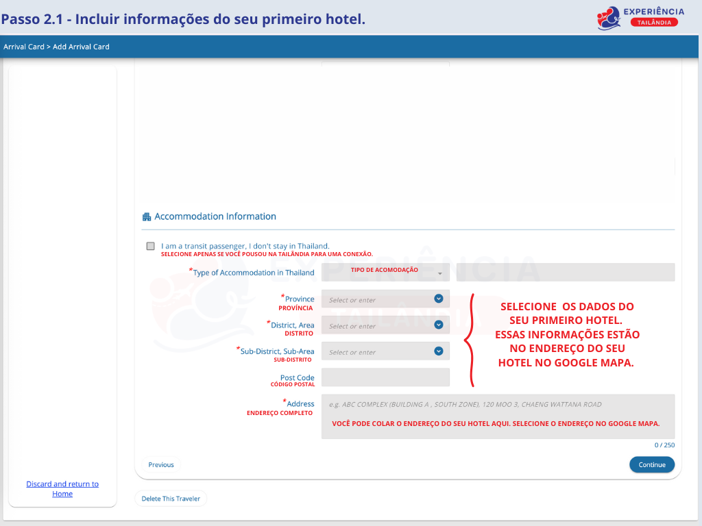endereço do hotel no formulário DTAC Tailândia em português