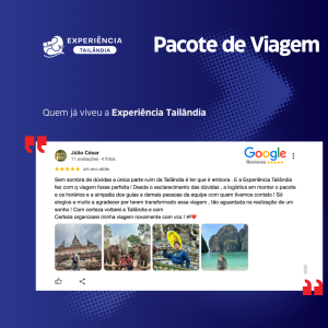 Avaliação 5 estrelas sobre pacote de viagem para Tailândia com suporte da agência em português e resolução de imprevistos com agilidade.