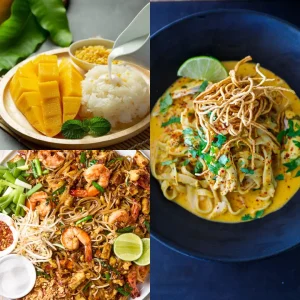 Três pratos típicos da culinária tailandesa: mango sticky rice, pad thai com camarão e khao soi em um bowl com molho curry.