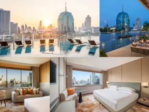 Vista noturna do rooftop bar no Millennium Hilton Bangkok com skyline iluminado
