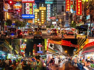 Lanternas vermelhas iluminam a Chinatown de Bangkok à noite.