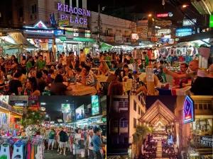 Rua Khao San em Bangkok à noite com barracas, bares e turistas. O que fazer à noite em Bangkok em 2025