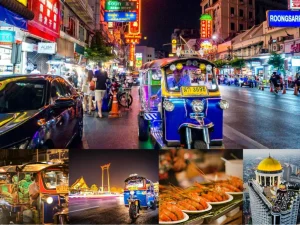 Grupo em tuk tuk passando por templo iluminado em Bangkok.