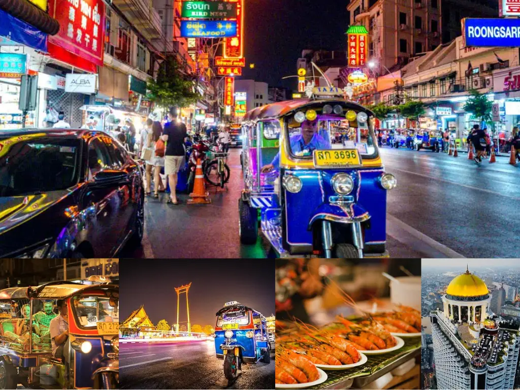 Grupo em tuk tuk passando por templo iluminado em Bangkok.