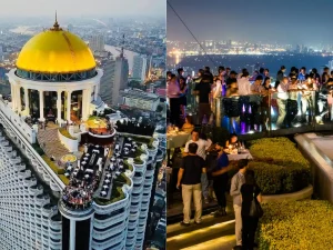 Pessoas brindando no Sky Bar com a vista noturna de Bangkok ao fundo.