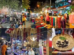 Artistas e barracas no Sunday Night Market na Ratchadamnoen Road
