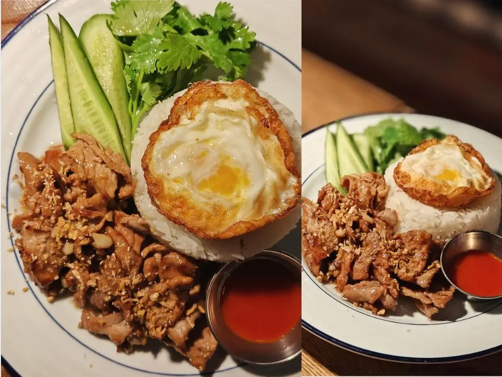 Comer de boa na Tailândia: Khao Moo Kratiem Khai Dao, arroz com carne de porco ao alho e ovo frito.