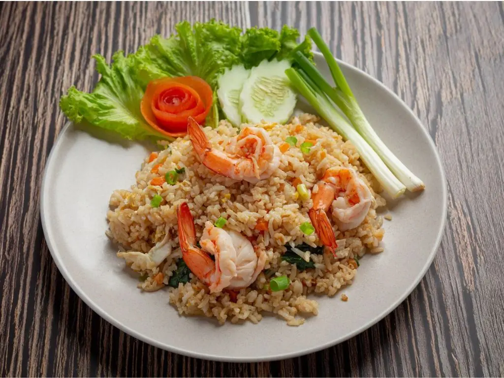 Comer de boa na Tailândia: prato de Khao Pad, arroz frito tailandês com legumes e ovo, servido sem pimenta.