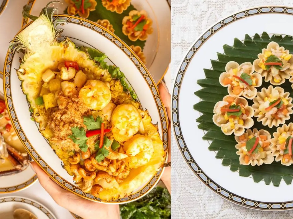 Arroz frito com abacaxi e petiscos típicos em restaurante tradicional de Bangkok. O que fazer no final de semana em Bangkok em 2025: este guia.