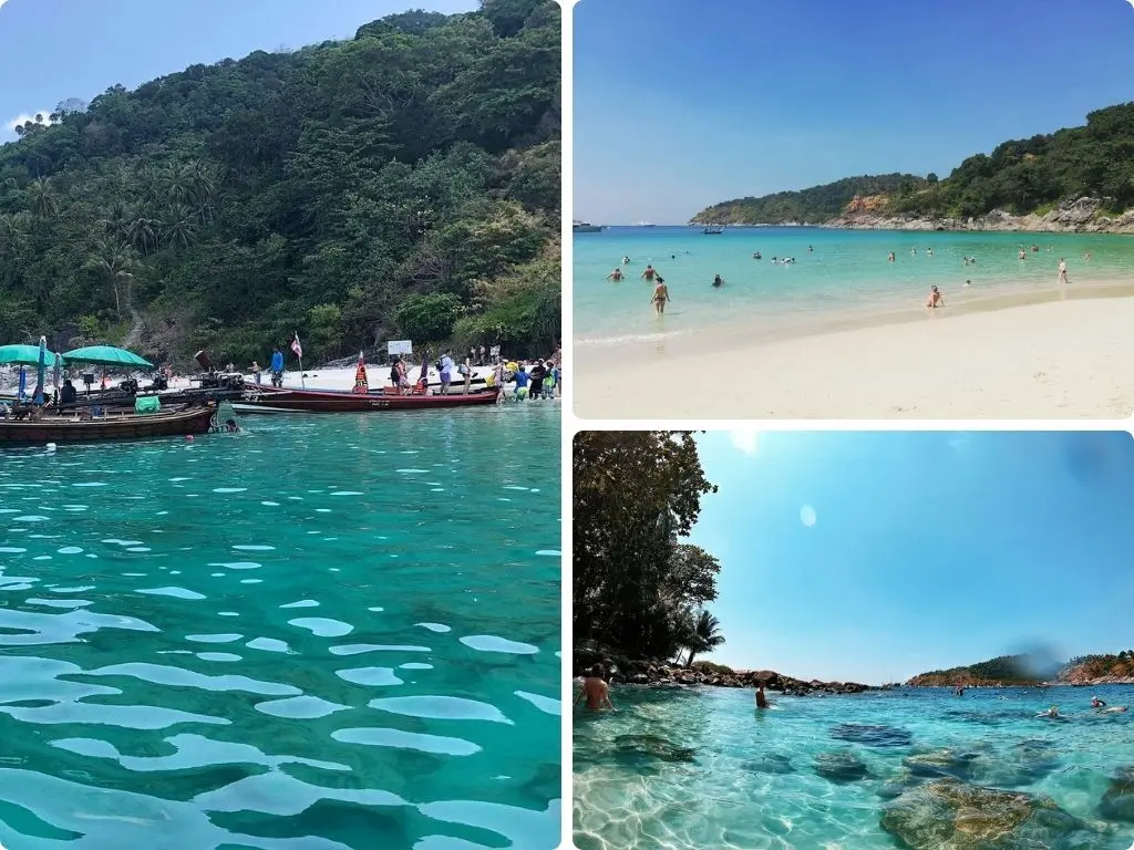 Praia Freedom Beach em Phuket, Tailândia, com areia branca, mar azul-turquesa e rochedos.