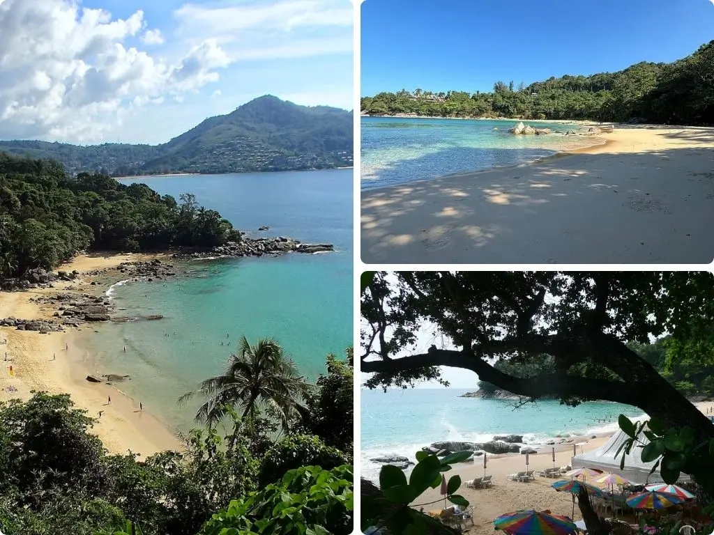 Enseada secreta Laem Sing Beach em Phuket, entre Kamala e Surin, cercada por floresta tropical e rochas.