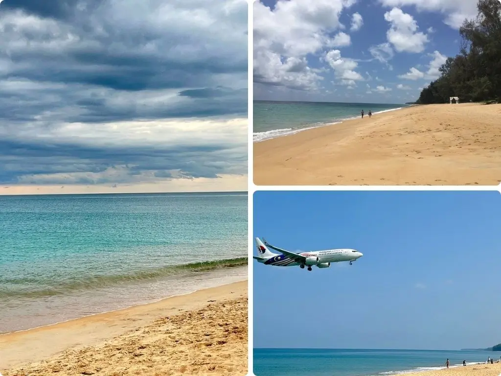 Mai Khao Beach em Phuket, Tailândia, praia longa com aviões pousando próximos à areia.