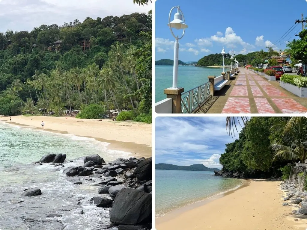 Panwa Beach em Phuket, Tailândia, praia calma no sudeste da ilha com mar protegido e resorts de luxo.